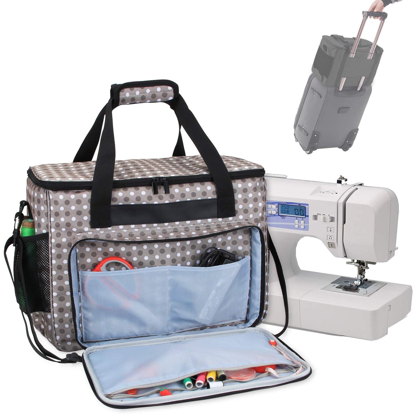 Teamoy Sewing Machine Case, Carrying Tote Bag Storage Organizer Compatible with Brother, Singer Sewing Machines and Accessories, Gray Dots