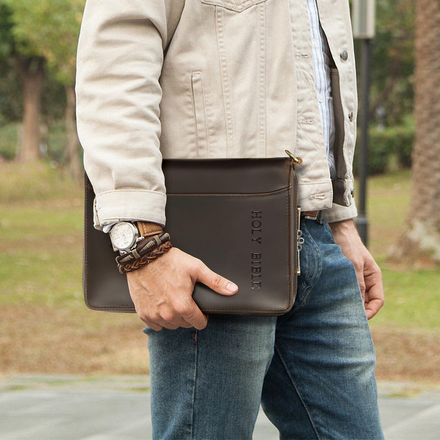 Polare Full Grain Leather Holy Bible Soft Carry Handgun Pouch CCW Bag Padded Pistol Wallet Tactical Case with Lockable Zipper and Wristlet Strap