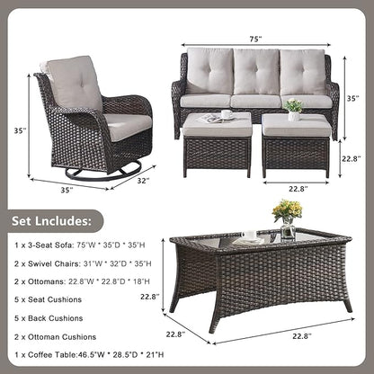 Rilyson Wicker Patio Furniture Set - 6 Piece Rattan Outdoor Sectional Conversation Sets with 2 Swivel Rocking Chairs,2 Ottomans,1 Sofa and 1 Coffee Table for Porch Deck Garden(Brown/Beige)
