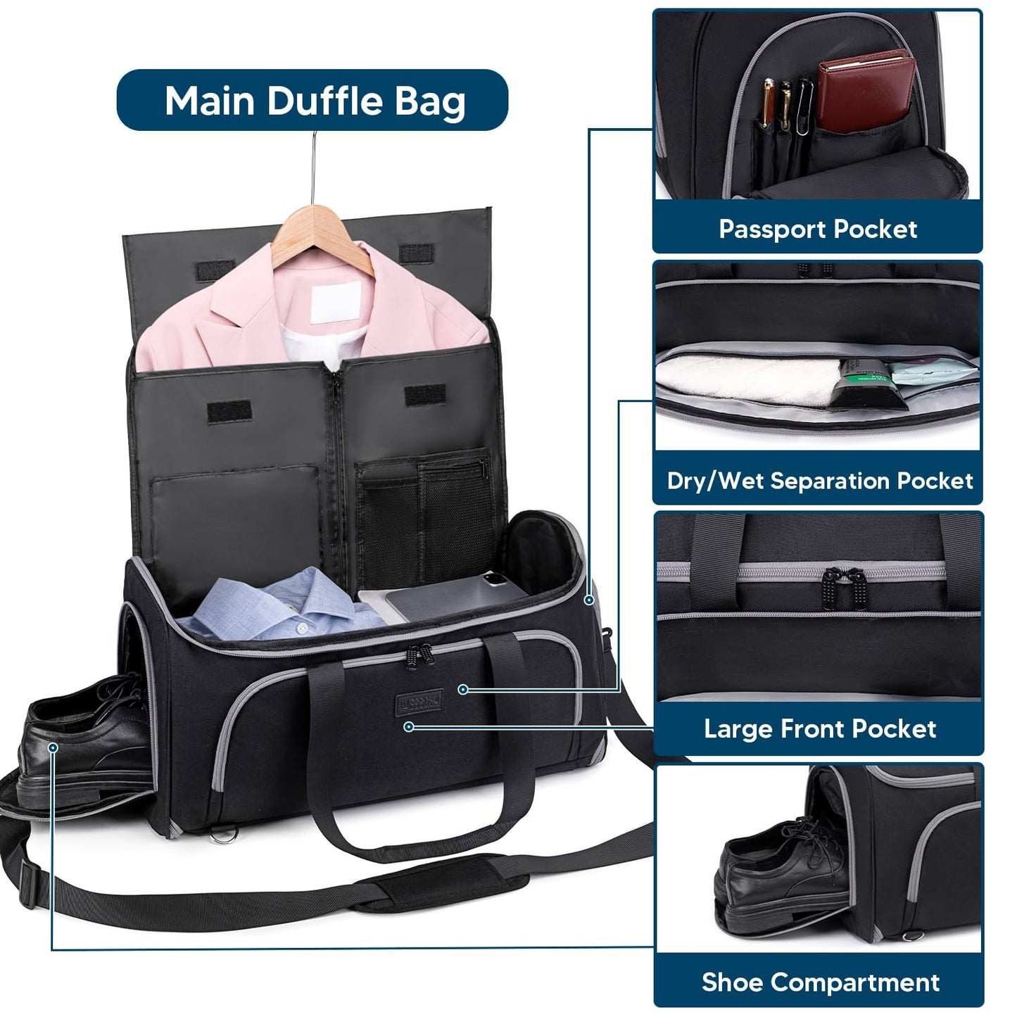 Vessgra Convertible Garment Bags for Travel, 4 in 1 Duffle Bag for Travel 58L Capacity Carry on Garment Bag with Shoes Compartment Travel Garment Bag with Shoulder Straps Suit Bag for Men Women,Black