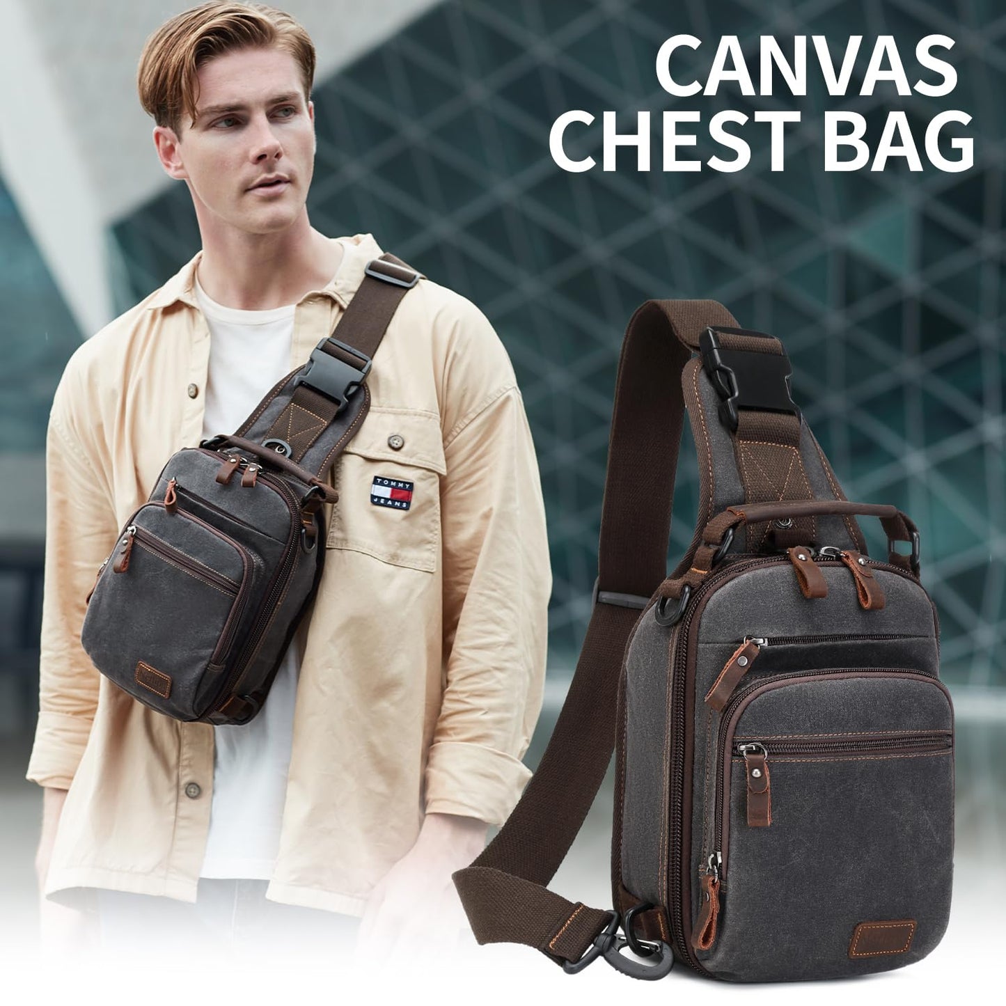 Nerlion Sling Bag for Men Waxed Canvas Crossbody Bag Chest Bag Shoulder Bag Casual Daypack for Travel (Gray)