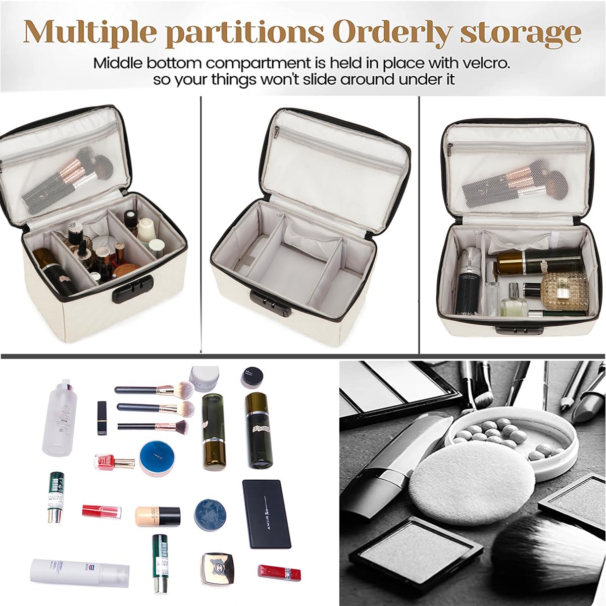 KaAutoler Portable makeup box with Lock, Large Capacity Travel Makeup Case Organizer, Makeup Bags for Girls Traveling With Handle and Divider Makeup Bag (off-white)