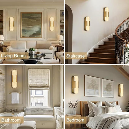 13.8 inch Alabaster Wall Sconces Set of Two, Natural Marble Wall Lighting, Brass Bedside Wall Lamp, Indoor Vanity Light Fixtures for Hallway,Bathroom Living Room (Including LED)
