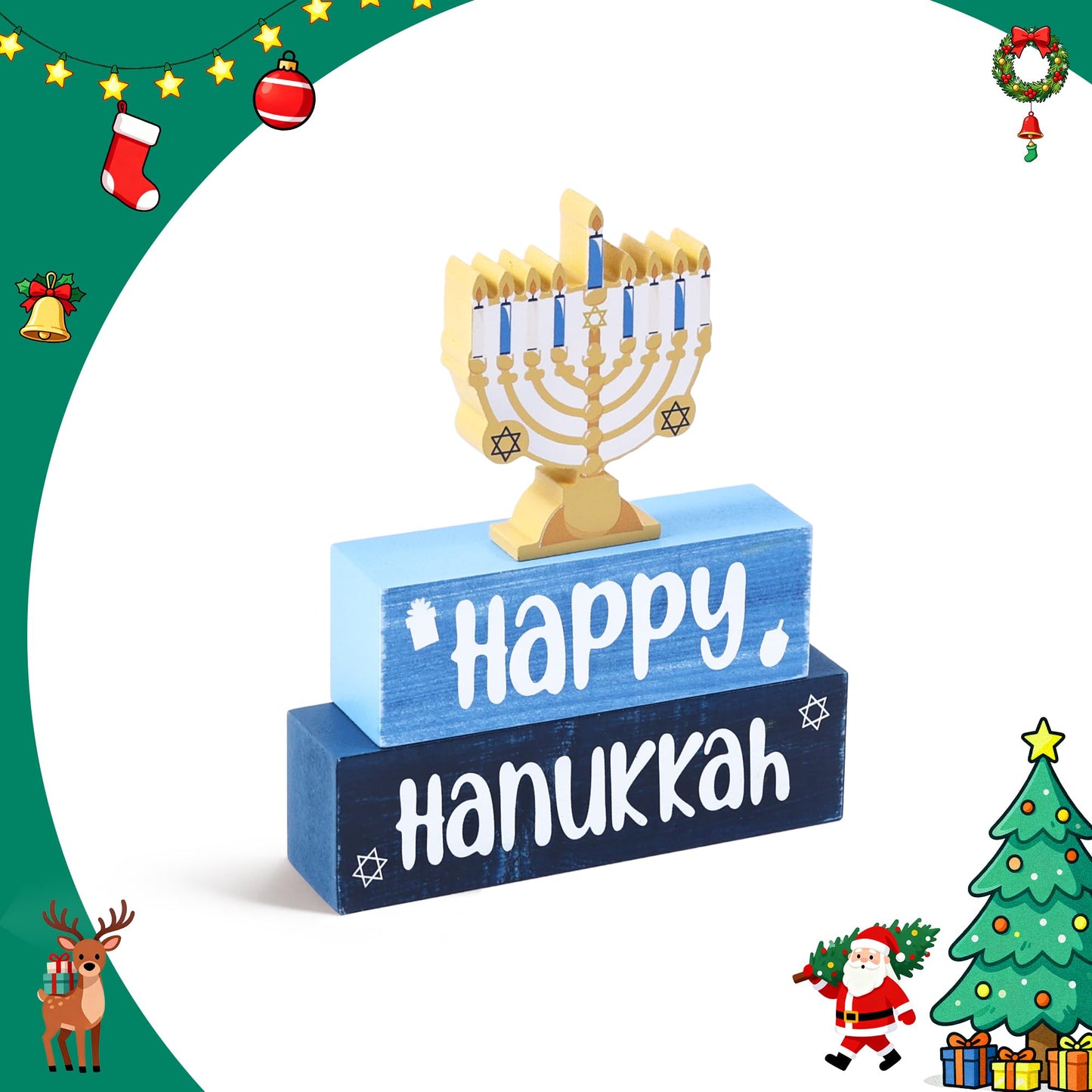 3 Pcs Hanukkah Wooden Tiered Tray Decor, Menorah Decorations Gifts for Home, Jewish New Year Table Centerpiece for Xmas Party Kitchen Office