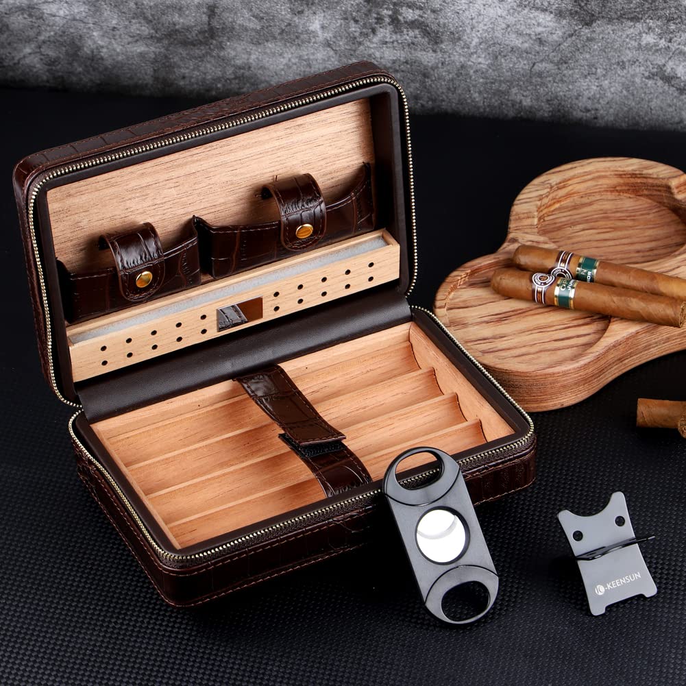 KEENSUN Cigar Case- 4-Finger Black Brown Crocodile Pattern PU Leather Travel Cedar Wood Cigar Humidor with humidifier,Cigar Cutter and Cigar Holder Great Gift for Men