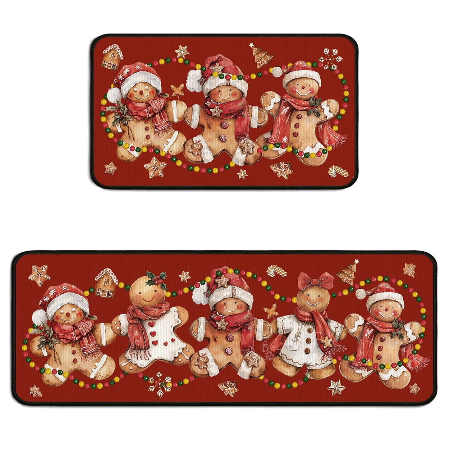 Christmas Kitchen Mats for Floor, Gingerbread Kitchen Rugs Sets of 2,Red Xmas Non-Slip Washable Kitchen Decor Floor Rug Home Decoration Doormat 17"x30"+17"x47"
