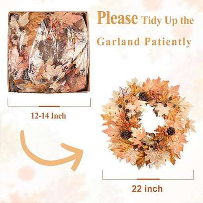 22 Inch Fall Wreaths for Front Door Outside Timer Function Pinecones Berries Autumn Fall Wreaths with 30 Warm Lights Decorations for Home Wall Porch Door Yard Harvest Mantle Fireplace Window Decor