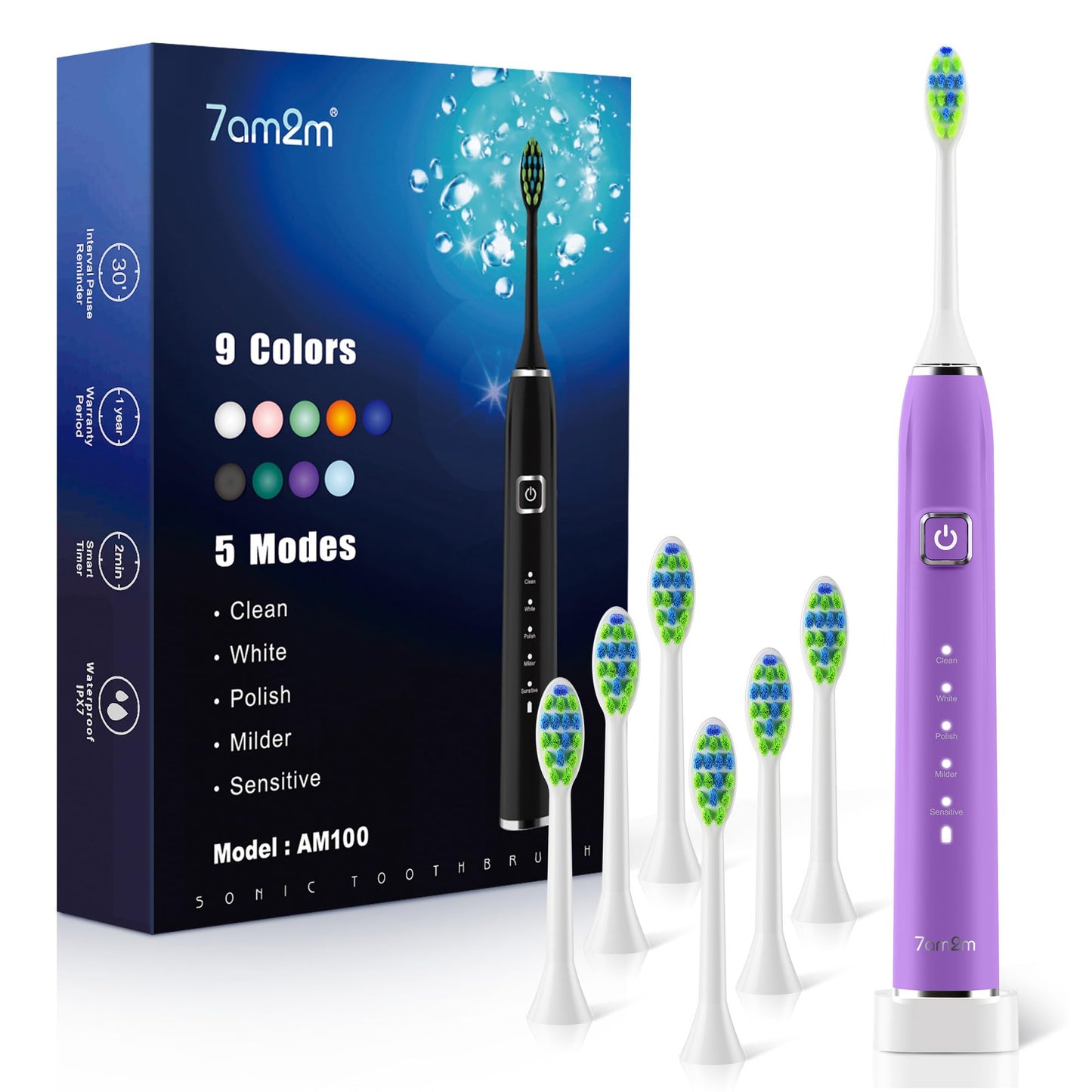 7AM2M Sonic Electric Toothbrush with 6 Brush Heads for Adults&Kids, One Charge for 120 Days, Wireless Fast Charge, 5 Modes, 40000VPM Powered Toothbrush, 2 Minutes Built in Smart Timer (Black)