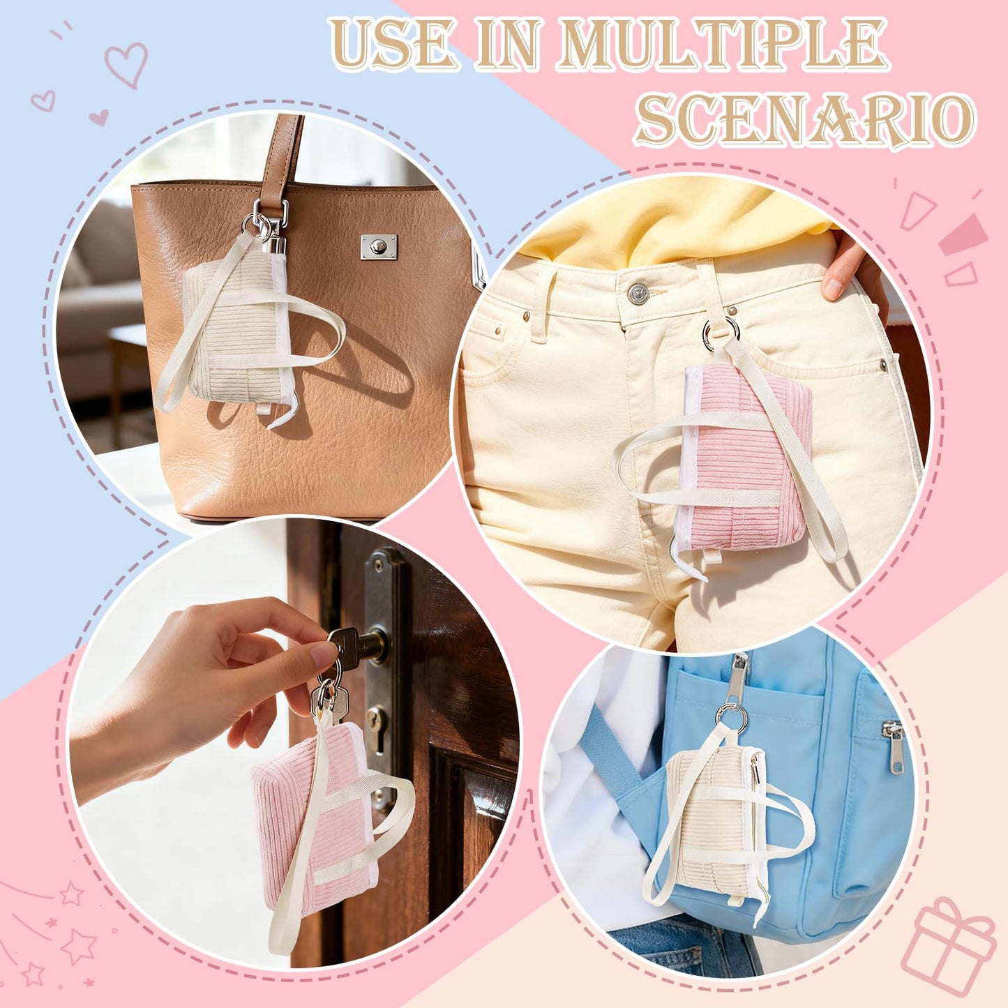 Playexen Mini Backpack Keychain for Women, Portable Cute Small Makeup Pouch with Wristlet, Mini Tote Bag Keychain for Crossbag, Handbag, Backpack, Gifts for Birthday/Party/Christmas (Corduroy-Pink)