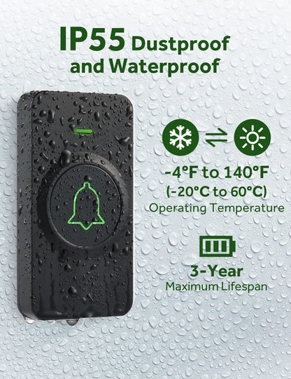 AVANTEK Wireless Doorbell D-3C, 1300 ft Long Range Door Chime Kit, 52 Melodies, Up to 115dB Volume and LED Flash with 2 Plug-In Receivers & 1 Push Button, Black