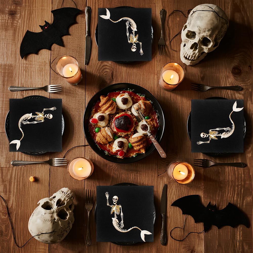 Dulousia 60count Halloween Napkins - 6.5x6.5in Disposable Paper Napkin Mermaid Skeleton Black Napkins for Halloween Get-together, DIY Parties, Holiday Celbration Home Dinner Skull Themed Table Decor