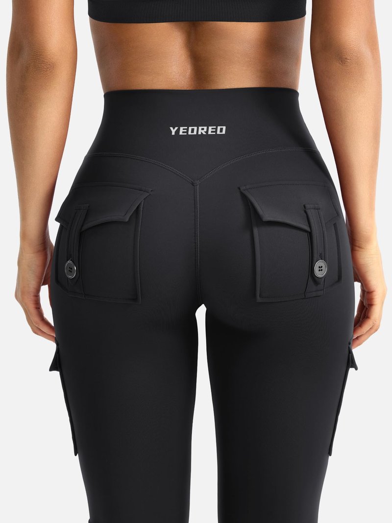 YEOREO CoreFlex Women Workout Flare Leggings with Pockets Hidden Scrunch High Waisted Cargo Gym Yoga No Front Seam Leggings Black L