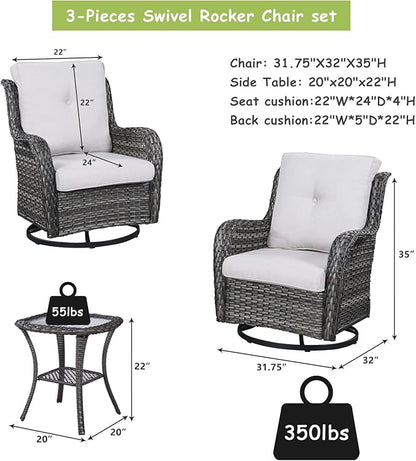 Rilyson Wicker Rocking Chair Swivel Chairs – 6 Piece Rocker Patio Furniture Set Rattan Rocking Bistro Sets with Glass Top Side Table for Outdoor Porch Deck Garden Backyard(Mixed Grey/Beige)