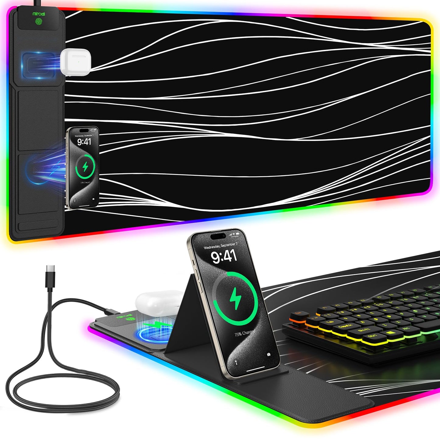 Mouse Pad with Wireless Charging, Large Desk Mat RGB Gaming Mousepad, 10 Light Colors LED Gaming Pad Keyboard Pad with Ultra-Smooth Surface & Non-Slip Rubber Base, Waterproof Full Desk Mouse Pad
