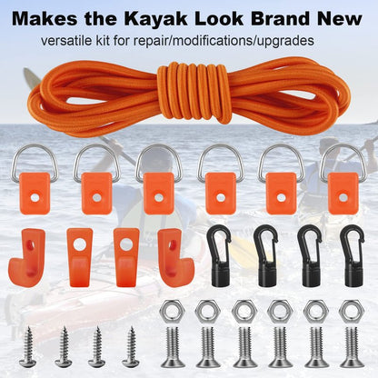 Kayak Deck Rigging Kit 1/4" 9.8' Bungee Cord with 6 D Rings& 4 J Hooks Tie Down Hooks& 4 Bungee Shock Cord Hooks,Tie Down Kayak Deck Line Repair Replacement Parts for Kayak Boat Canoe Accessory-Orange