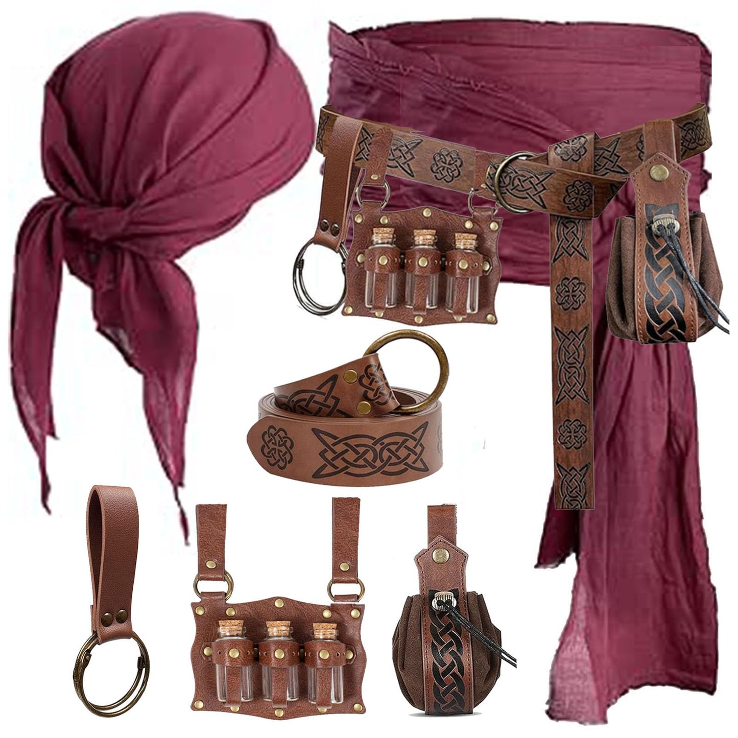 KOTORA Pirate Costume Pirate Head Scarf Bandanas Belt Waist Sash Medieval Belt Pouch Coin Purse Leather Hook Festival Sets (Pattern02 Brown)