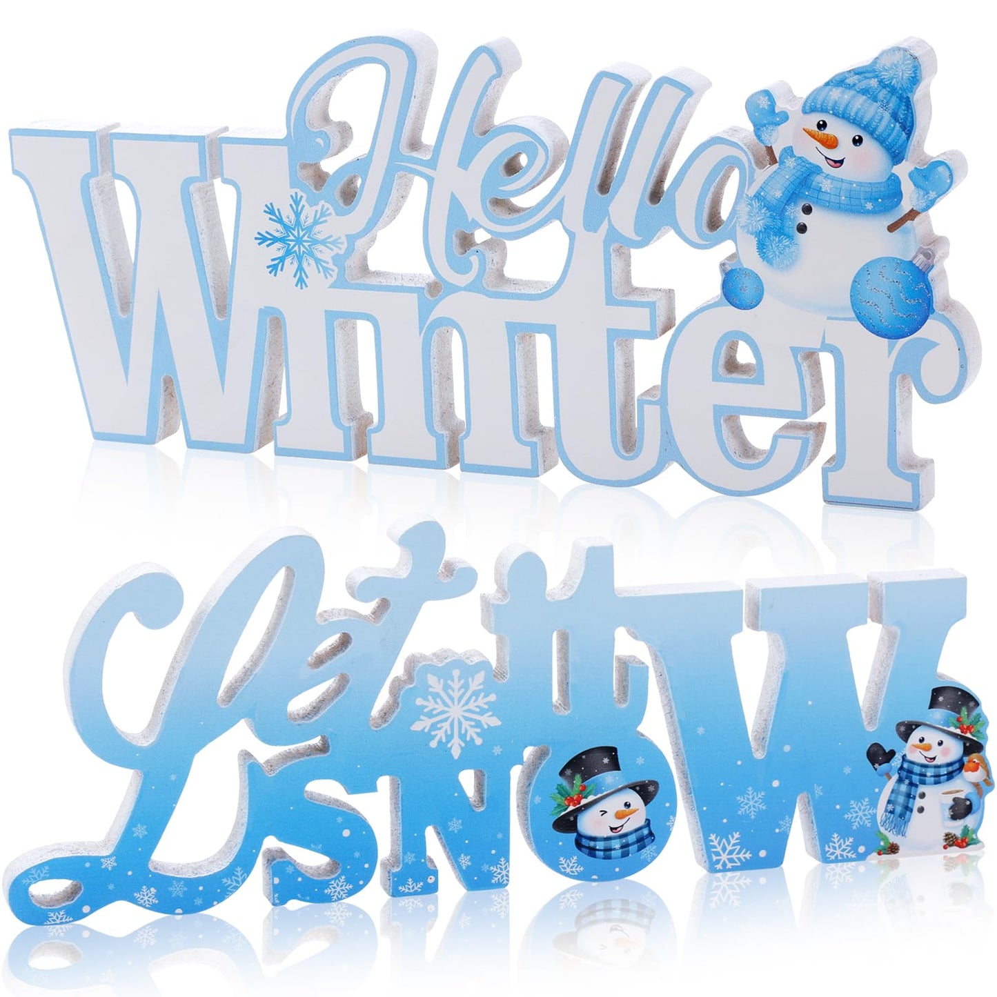 HOWAF 2pcs Wooden Winter Decor Signs, Let It Snow Tabletop Block Sign, Hello Winter Table Centerpiece, Snowflake Snowmen Ornaments for Winters Wonderland Decor Xmas Frozen Tiered Tray Decor