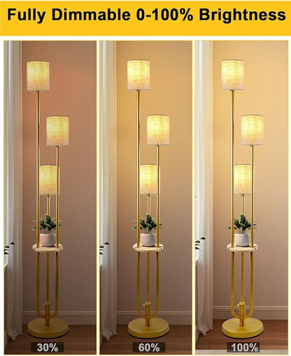 Lightdot 64Inch Floor Lamp with Table Dimmable Gold Floor Lamp for Living Room 3 Lights Candle Holder Style Mid Century Modern Tall Standing Lamp with Fabric Shade for Bedroom Corner(Bulbs Included)