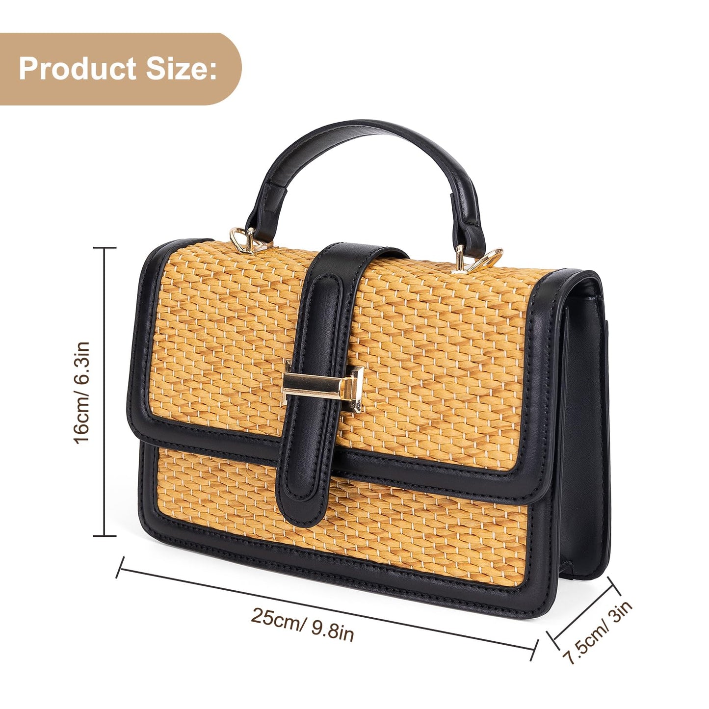 boshiho Women's Straw Crossbody Shoulder Bag Woven Raffia-Style Beach Purse Top Handle Satchel Handbag for Summer Vacation (Black)