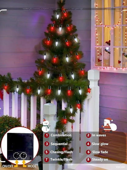 C6 Solar Christmas Lights Outdoor, 50 LED 16FT Christmas Decorations Outdoor Waterproof, Solar String Lights for Outside with 8 Modes, Fairy Twinkle Light for Tree Garden Xmas Decor (Red and White)