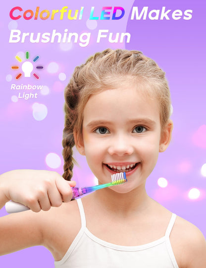 SEAGO Kids Electric Toothbrush with 2 Mins Brushing Timer and 8 Replacement Bursh Heads,Rainbow LED Light Make Brushing Fun, Pink Color Girls Battery Powerd Toothbrush for 4-12 Years Old
