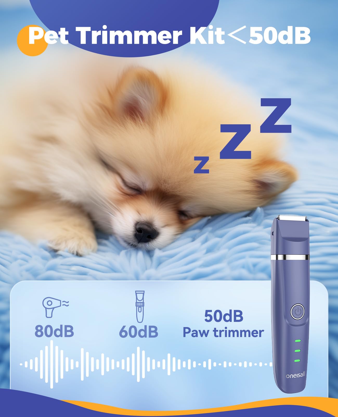 oneisall Dog Clippers & Dog Paw Trimmer 4-in-1 Cordless Grooming Kit: 2-Speed Low Noise Clippers with Rechargeable Quiet Nail Grinder for Dogs & Cats (Blue)