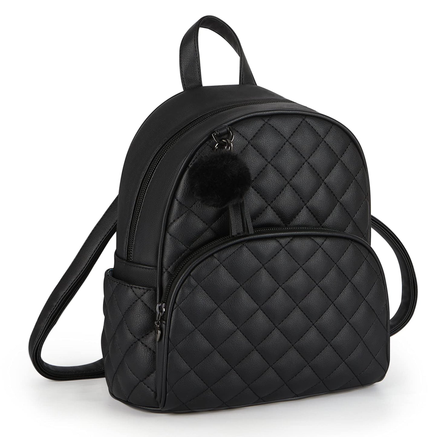 ECOSUSI Mini Backpack for Women Leather Small Backpack Purse for Ladies Cute Pom Bookbag Travel Shoulder Bag with Charm Tassel Black