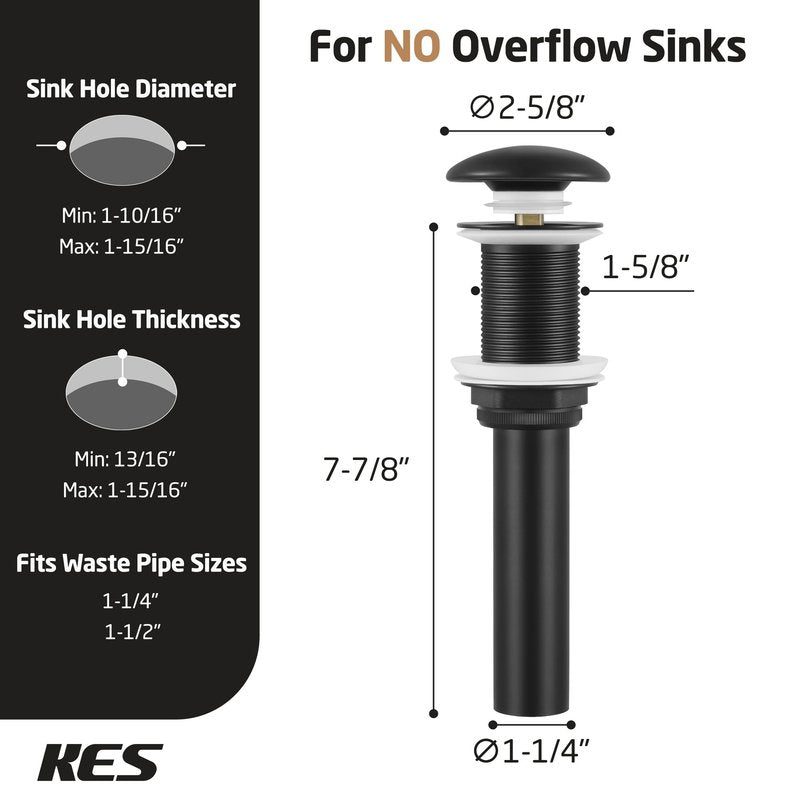 KES Solid Ceramic Cap Bathroom Sink Drain Without Overflow, Pop Up Drain for Bathroom Sink, Ceramic Bathroom Sink Stopper, All-Metal Body Matte Black, S2008D-CB
