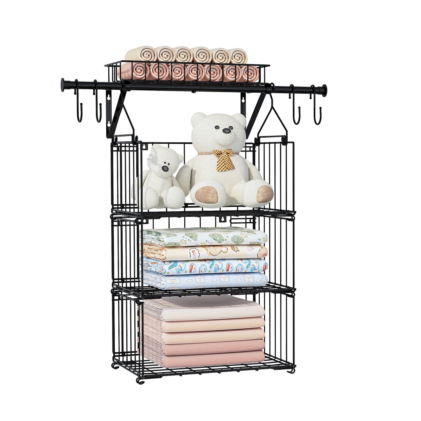BUKFEN 3 Tier Hanging Closet Organizer, Wall Mounted Wire Storage Shelf with 4 Hooks, Foldable Stackable Organizer for Laundry Room, Bedroom, Bathroom, 1 Pack