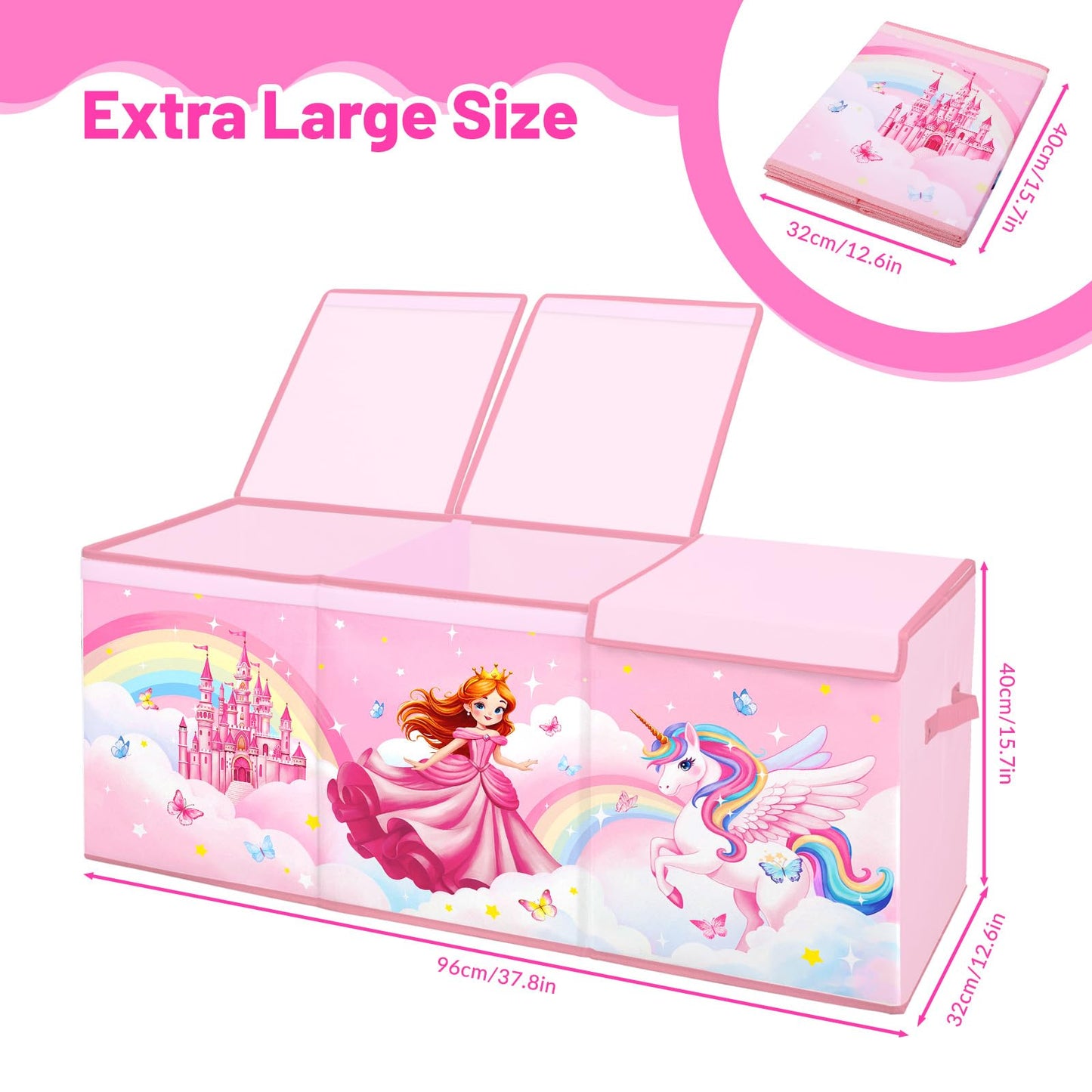 Toy Storage Bin with Lids,Extra Large Toy Box Chest with Handles for Kids Boys Girls,Collapsible Storage Organizer Box Bin Basket for Bedroom,Playroom, Nursery,37.8"x12.6" x15.7",Princess Unicorn