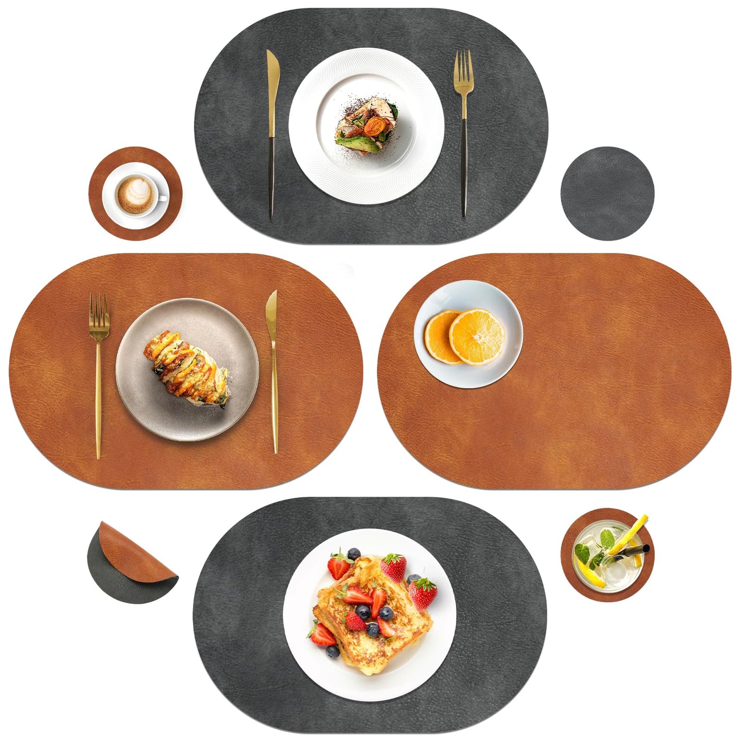 Pixieora Oval Placemats and Coasters Set of 8, Washable Reversible Faux Leather Placemats Cowhide Pattern Place Mats Wipeable Non-Slip 12 x 17 inch Kitchen Dining Table Mats (Gray Brown, 8)