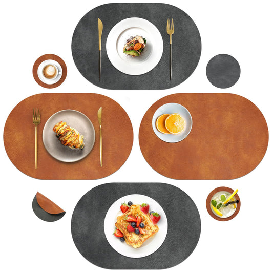 Pixieora Oval Placemats and Coasters Set of 6, Washable Reversible Faux Leather Placemats Cowhide Pattern Place Mats Wipeable Non-Slip 12 x 17 inch Kitchen Dining Table Mats (Gray Brown, 6)
