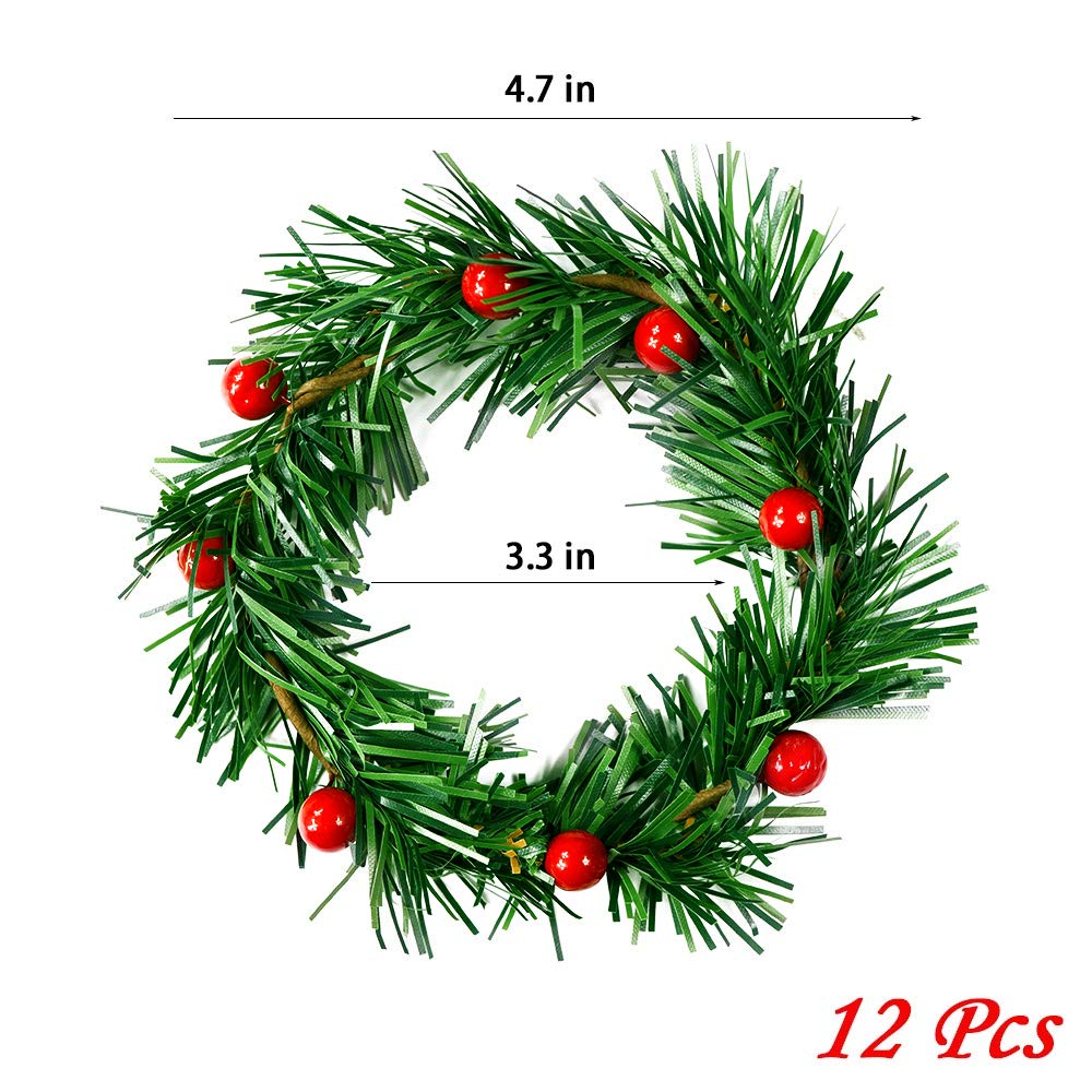 YBB 12Pcs Christmas Candle Rings, Small Artificial Red Berry Wreath Candle Holder Rings, Fits 3 Inch Pillars Candle Tapers for Rustic Wedding Centerpiece Christmas Table Decoration