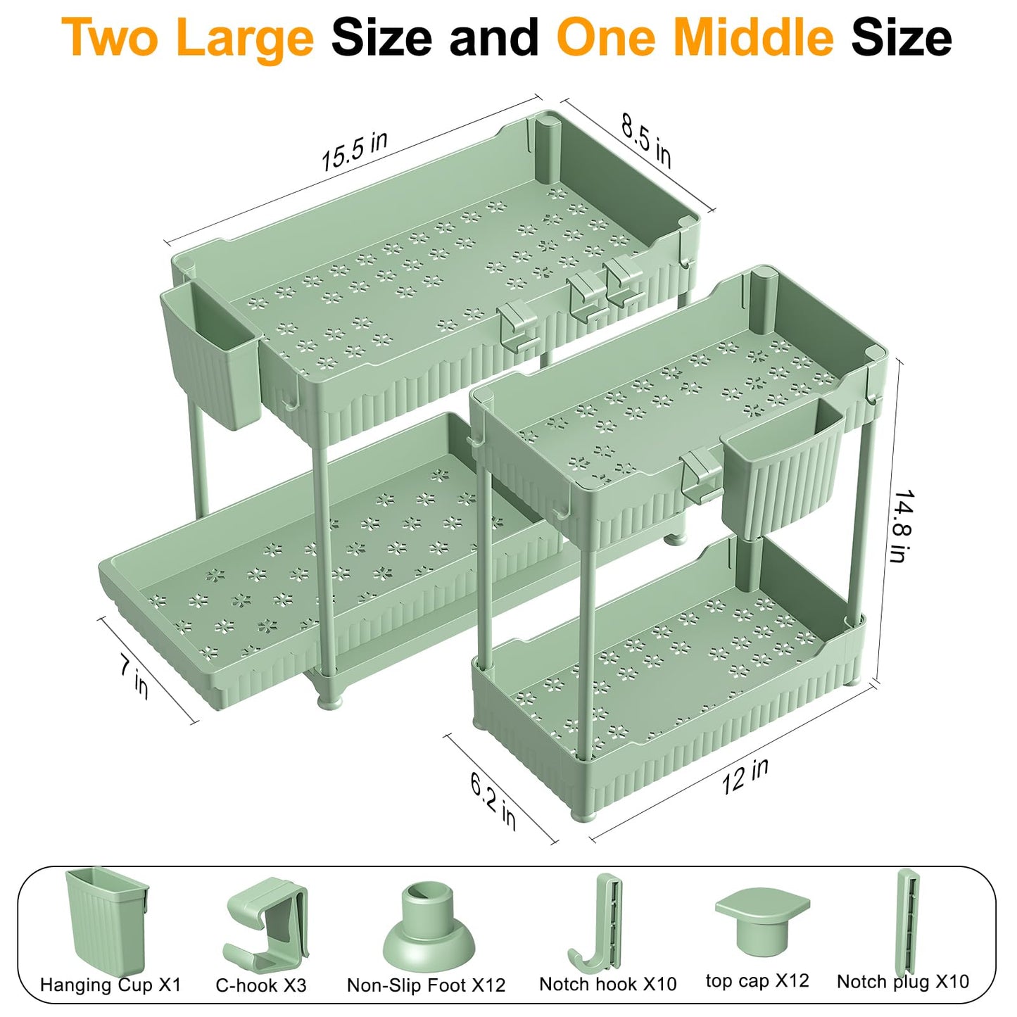 3 Pack Under Sink Organizers, 2-Tier Multi-Use Kitchen and Bathroom Organizers and Storage with Sliding Drawers，Bathroom Cabinet Organizer (Black, 12.8 Inch)