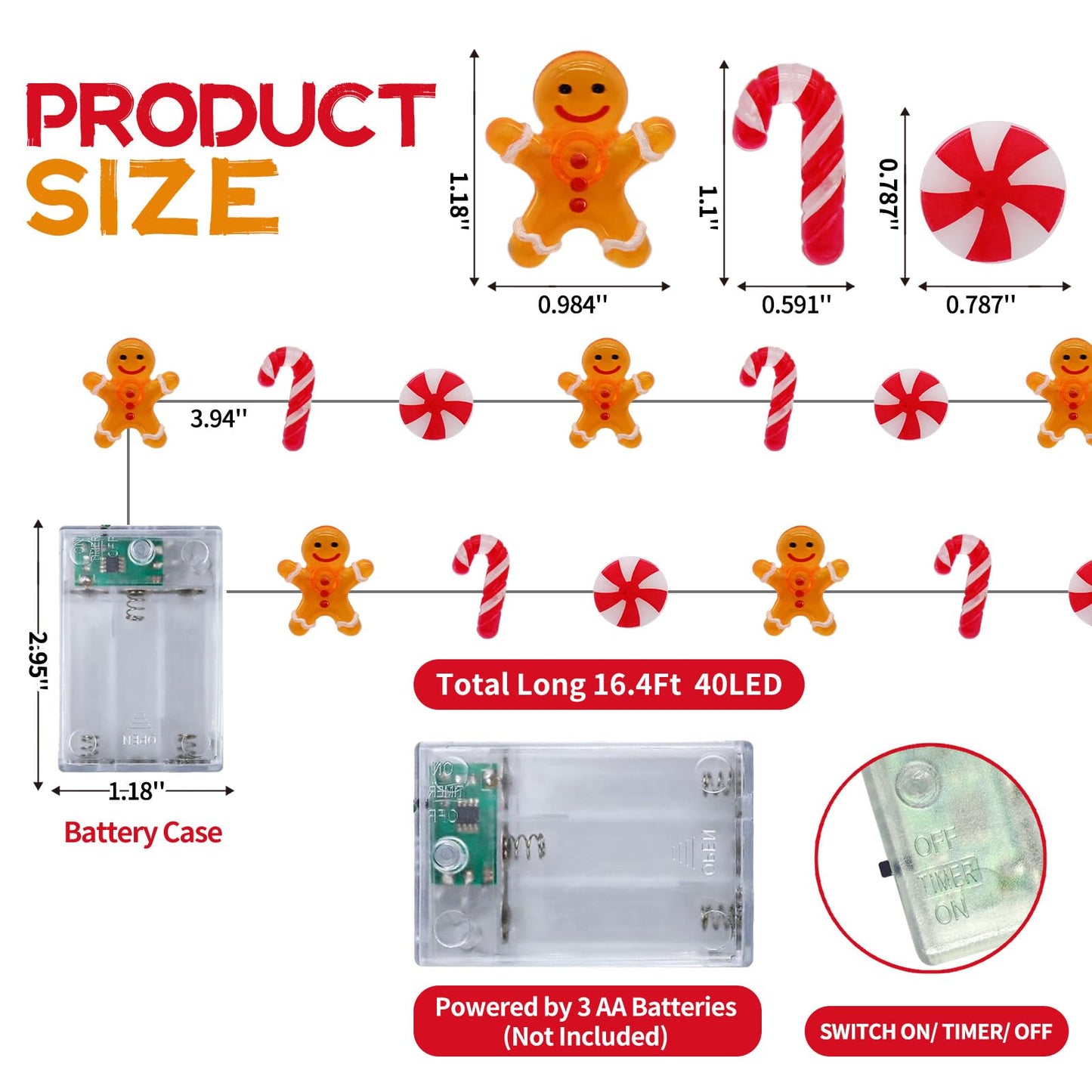 CRAFLOX [Timer Christmas Gingerbread Decorations, 16Ft 40LED Candy Cane Christmas Fairy Lights Battery Operated, Xmas Gingerbread Man String Lights Decorations Indoor Holiday Party Tree Decor