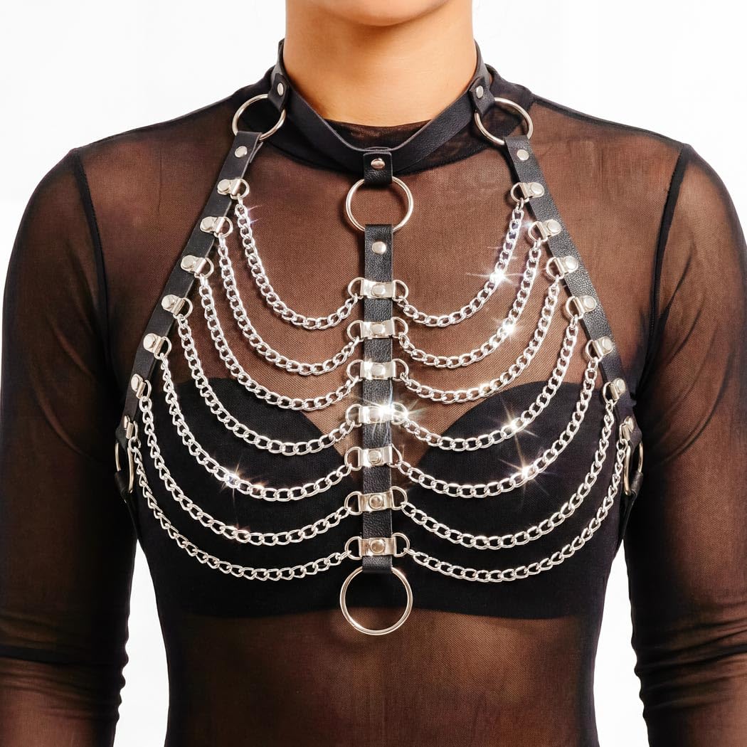 REETAN Leather Chest Harness Chain Gothic Rave Black Fashion Body Accessories for Women