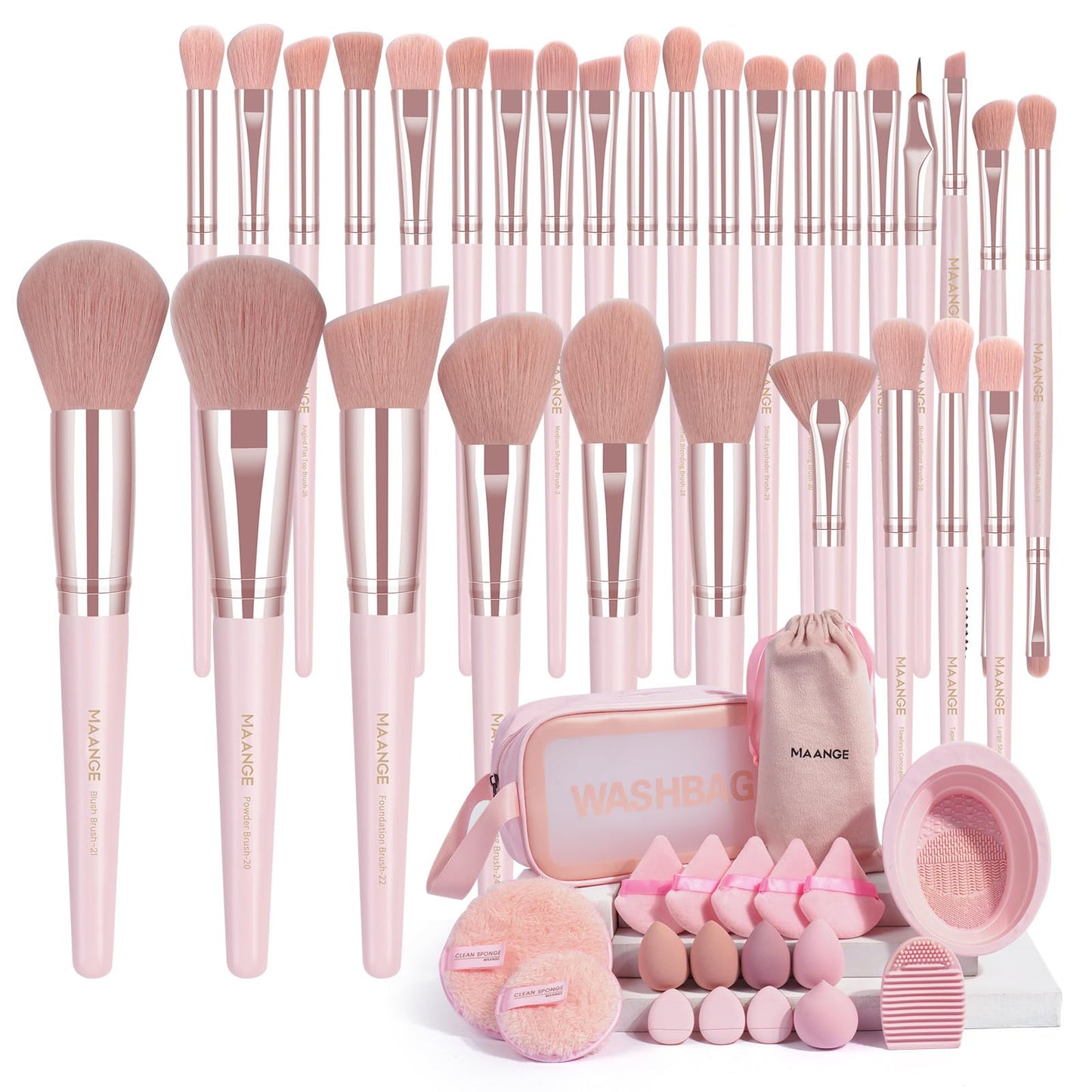 MAANGE 30pcs Professional Makeup Brush Set With Velvet Bag&5pcs Beauty Blender&2pcs Makeup Remover Puff&5pcs Triangle Powder Puff&3pcs Mini Thumb Puff&Toiletry Bag&2pcs Cleaning Mat (Blacksliver)