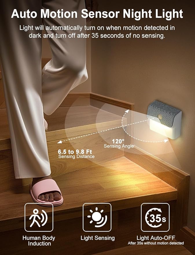 LED Linkage Motion Sensor Night Light, Magnetic Stick-On Motion Activated Light, Rechargeable Battery Powered Wall Lamp, Dimmable Warm White Light, for Bedroom, Hallway, Stairs, Kitchen, 5 Pack