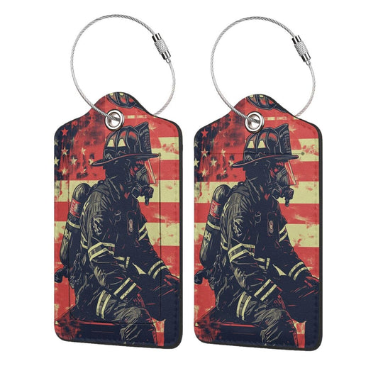 Firefighter Axe Fire Hose USA Flag Art 2 Pack Luggage Tag for Suitcase, Luggage Tags for Suitcases,Leather Stainless Steel Loop Label Tag for Men Women Girlstravel Bag Suitcase