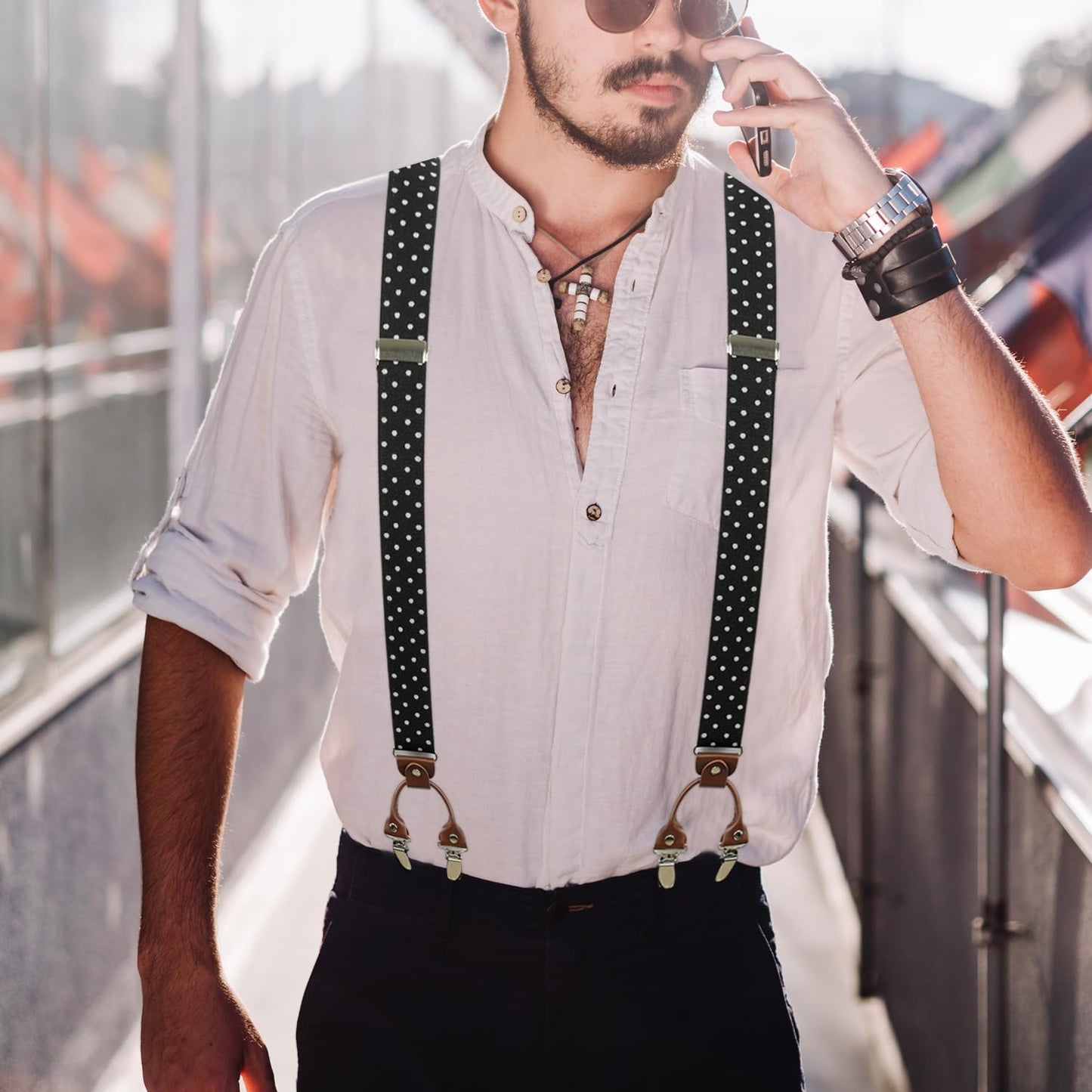 LEHOMU Suspenders for Men with leather 6 Heavy-Duty Clips, 1.4 Inches Wide Men's Suspenders Y-Back Adjustable Elastic Fit for Work or Casual Wear,Black and White Dots