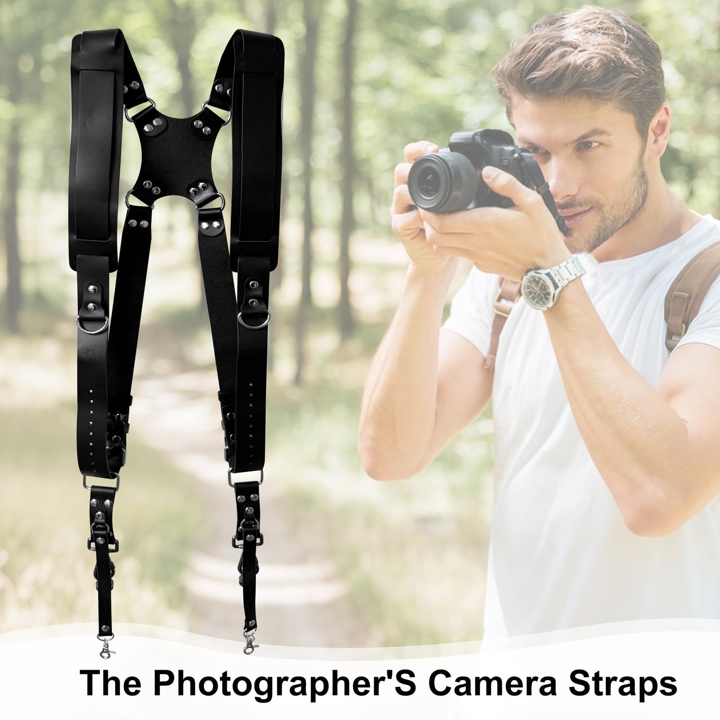 Yunzuiyue Double Camera Strap, Shoulder Camera Strap Harness Leather Dual Camera Strap for Two DSLR/SLR Cameras, Adjustable (Black