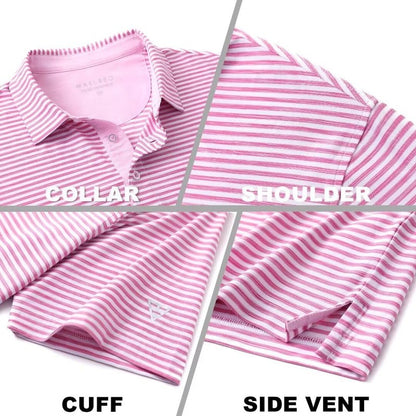 M MAELREG Mens Golf Shirt Short Sleeve Dry Fit Striped Casual Moisture Wicking Collared Golf Polo Shirts for Men Rose White