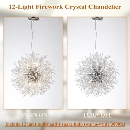 Firework Modern Chandeliers, 12 Lights Crystal Sputnik Chandeliers for Entryway, Dandelion Chandelier Chrome Ceiling Light Fixture for Hallway, Living Room