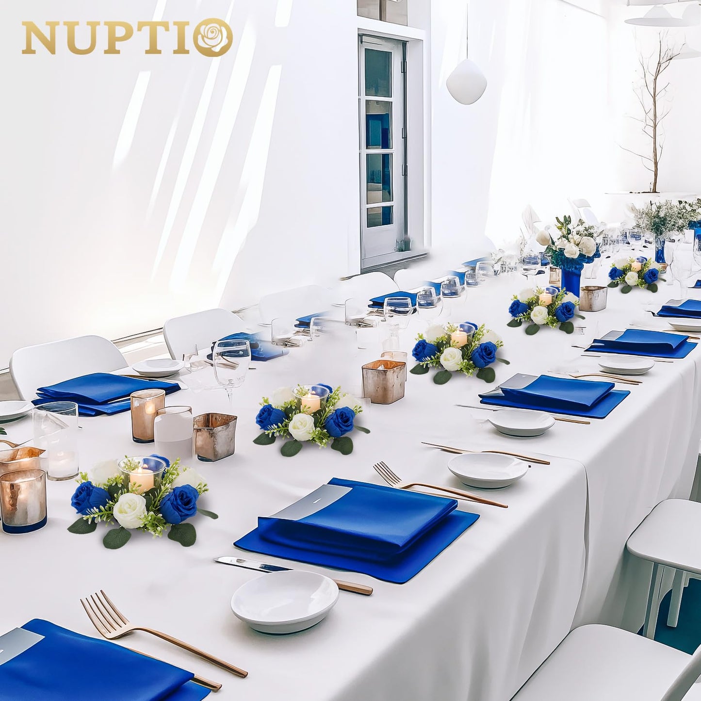 NUPTIO Small Wreath for Table Centerpieces: 9.05 Inch Royal Blue & White Flower Candle Rings for Wedding Party Christmas - Rose Wreaths for Spring Summer Front Door Porch Decor 6 Pcs