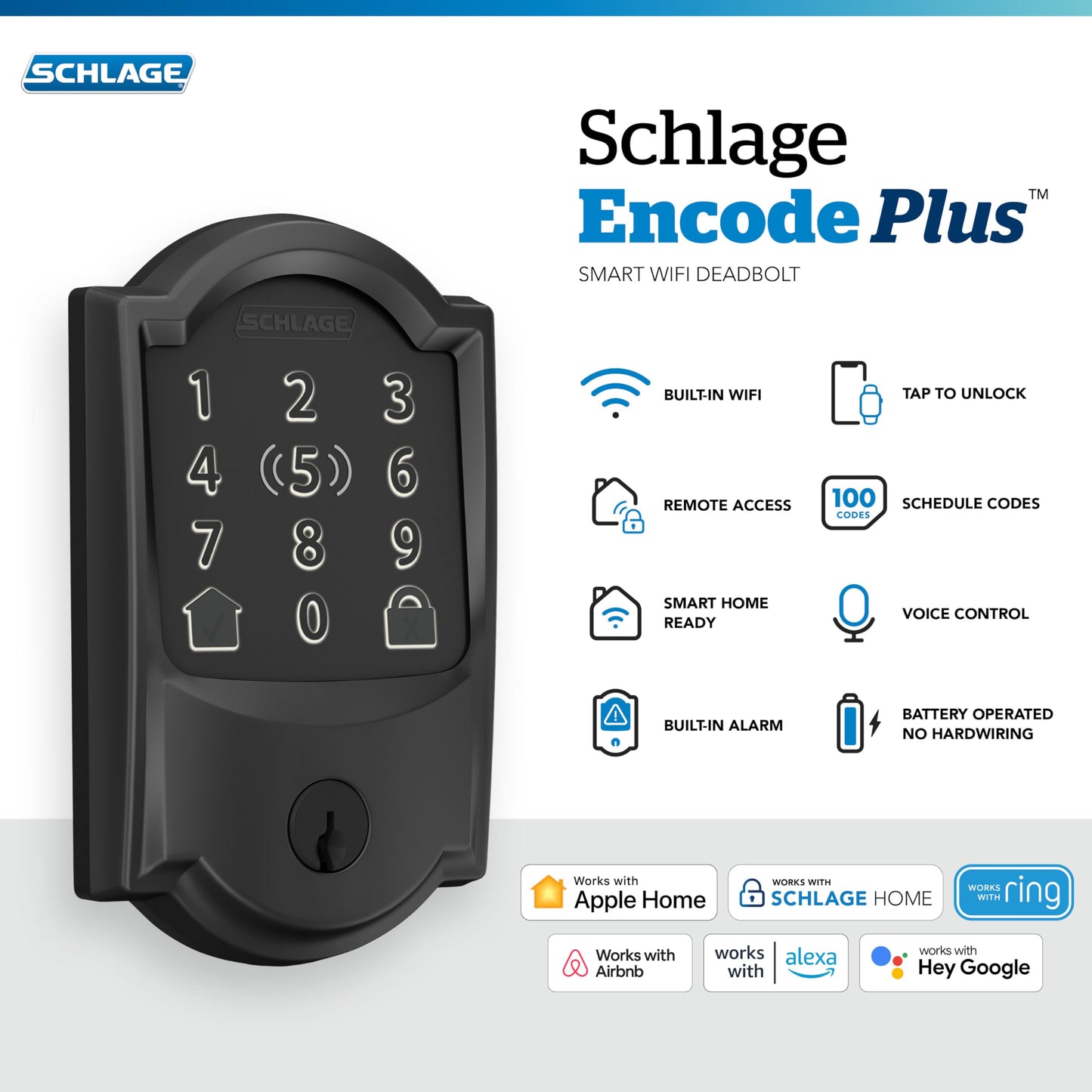 Schlage BE499WB CAM 619 Encode Plus WiFi Deadbolt Smart Lock, Keyless Entry Touchscreen Door Lock with Camelot Trim, Satin Nickel