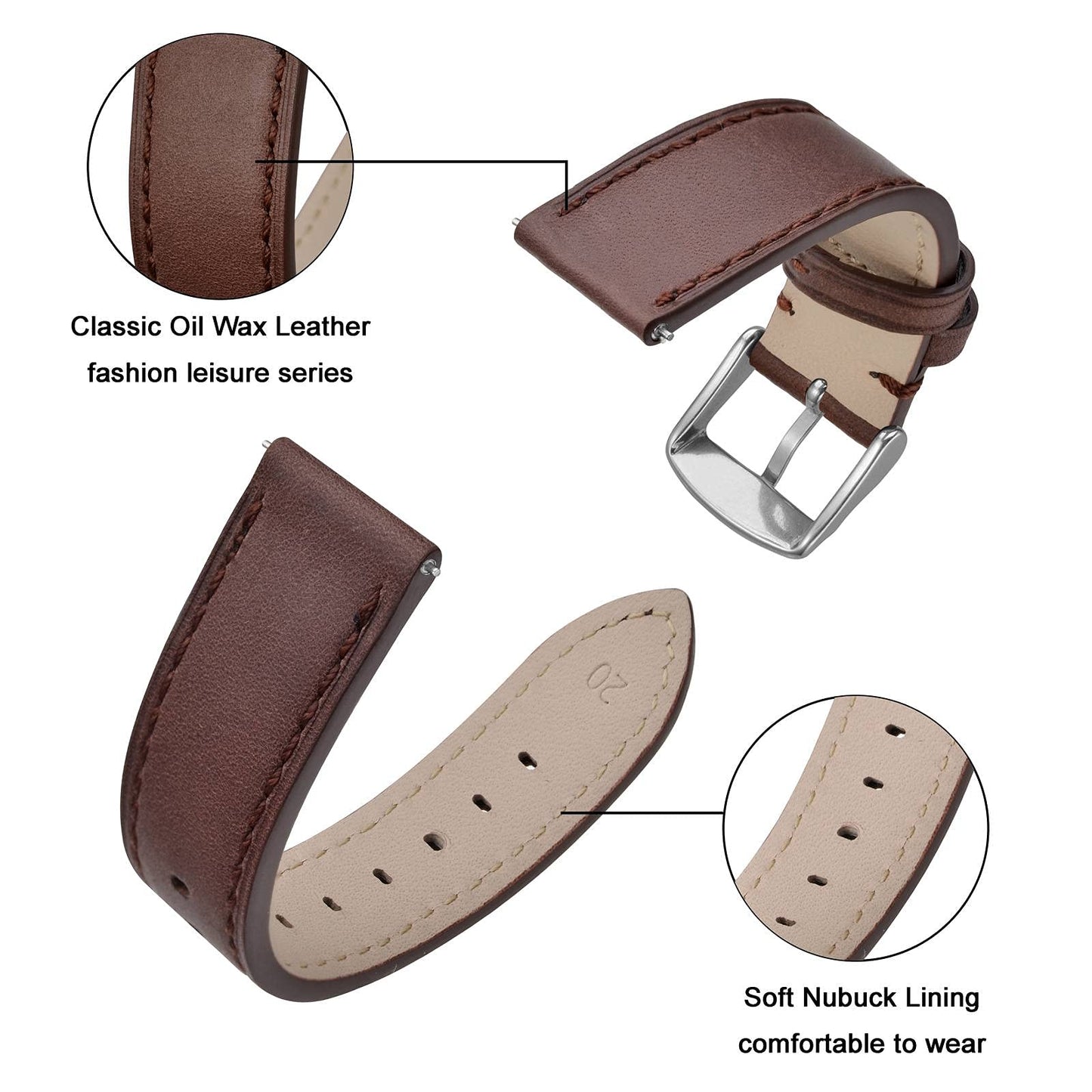ANNEFIT Watch Band 18mm with Stainless Silver Buckle - Classic Oil Wax Leather Quick Release Watch Strap (Dark Brown)