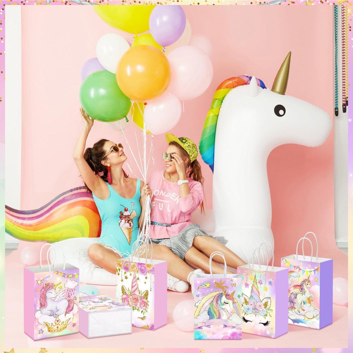 Kolldenn 24 Pcs Unicorn Party Favor Bags for Birthday Party Supplies Cute Unicorn Gift Goodie Paper Bags with Handles Rainbow Goody Treat Candy Pouch‌ for Girls Birthday Baby Shower Decorations