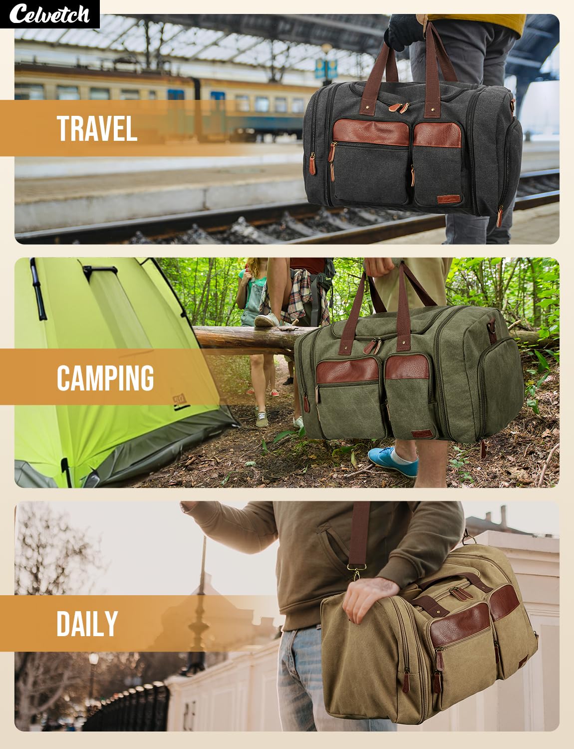Celvetch Canvas Duffle Bag for Travel 65L Expandable Travel Duffel Bags for Men Women Overnight Weekend Gym Bag with Shoes Compartment - Dark Grey(65L)