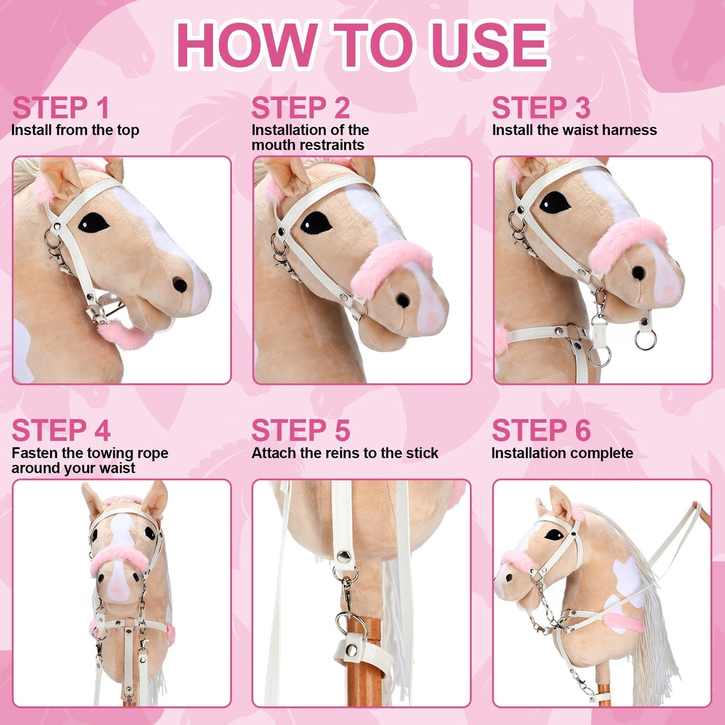 Shappy Hobby Horse Toy Accessories Realistic Horse Bridle with Metal Bit and Adjustable Reins, Faux Leather and Stainless Steel for Equestrian, Themed Events Competitions and Play (White, Pink)