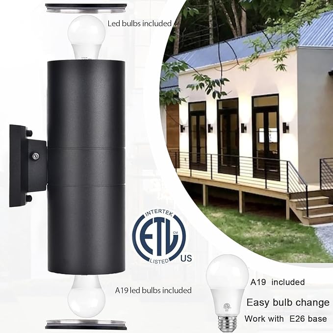 Dusk to Dawn Outdoor Lighting, Up and Down Lights Outdoor Wall Sconce - LED Light Lamps A19 Included,Exterior Light Fixture Outdoor Wall Lights for Garage,Porch,Front Door [ETL Listed]